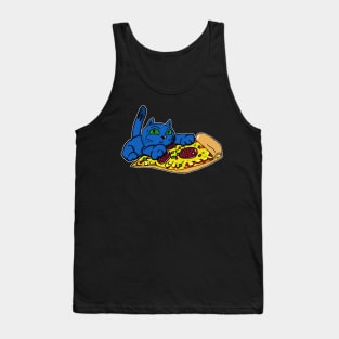 Blue Cat with Green Eyes and a Slice of Pizza Tank Top